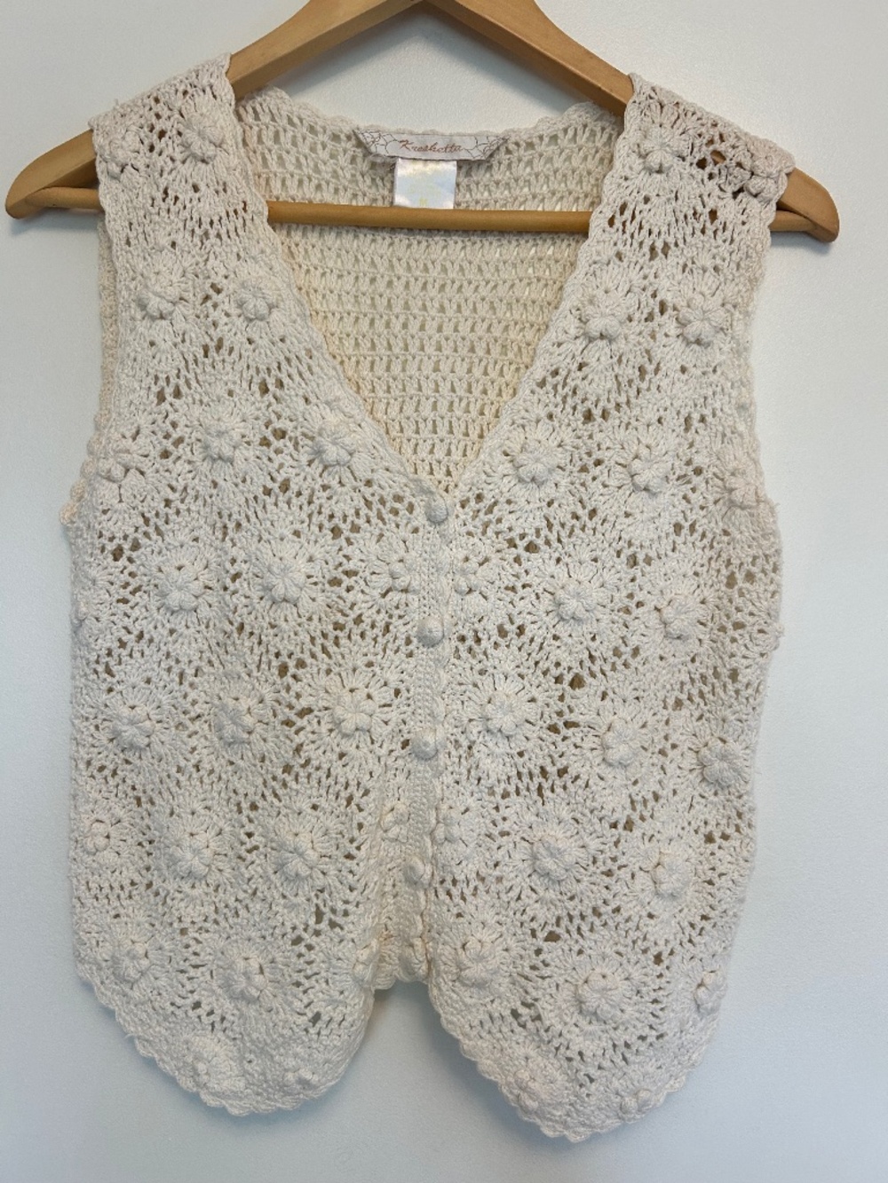 Kroshetta Vintage Boho Cream Floral Crochet Button Vest M Cottagecore Fairycore